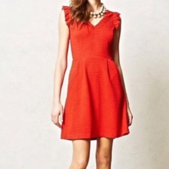 Tabitha Anthropologie Textured Red Ruffle Teahouse Christmas Holiday Dress - 10 - Picture 2 of 5